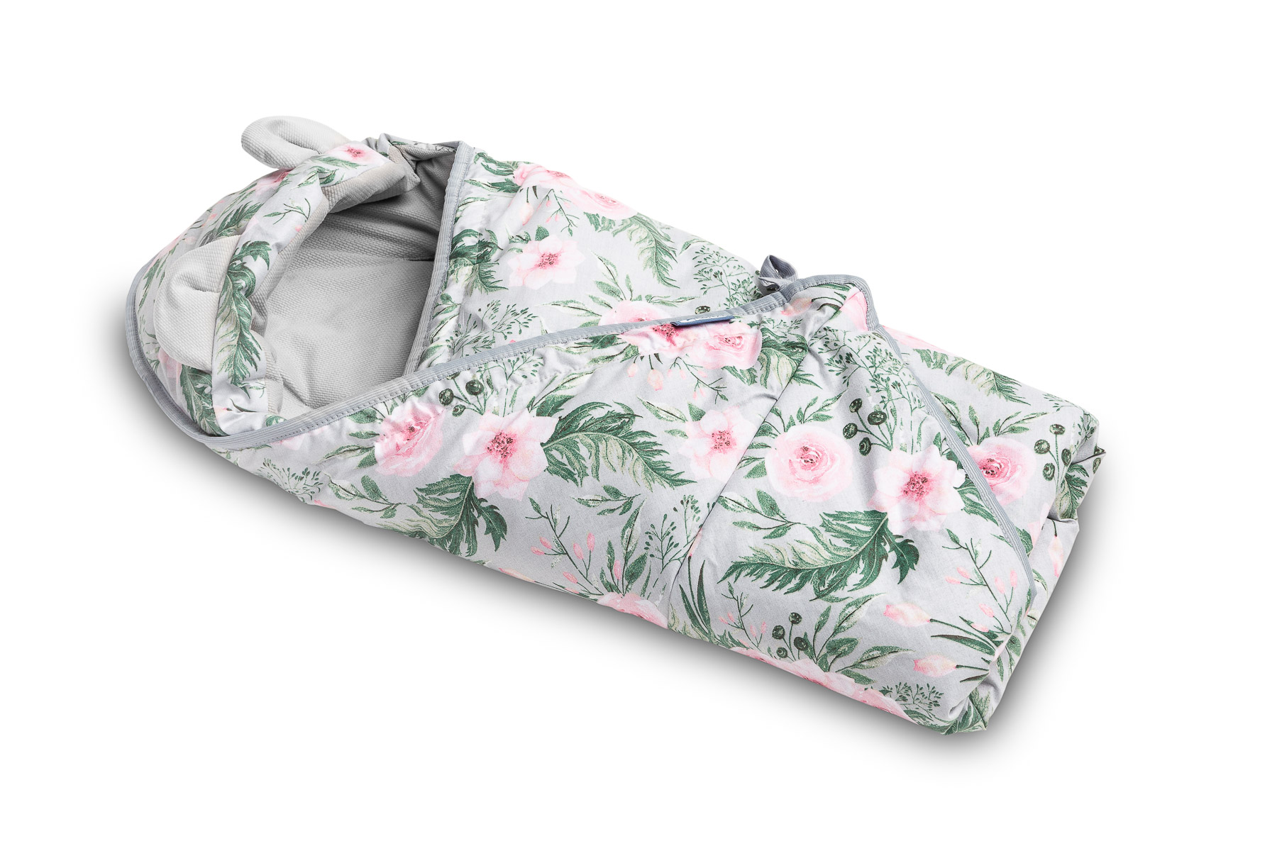 Velvet carry-cot swaddle blanket – flowers grey