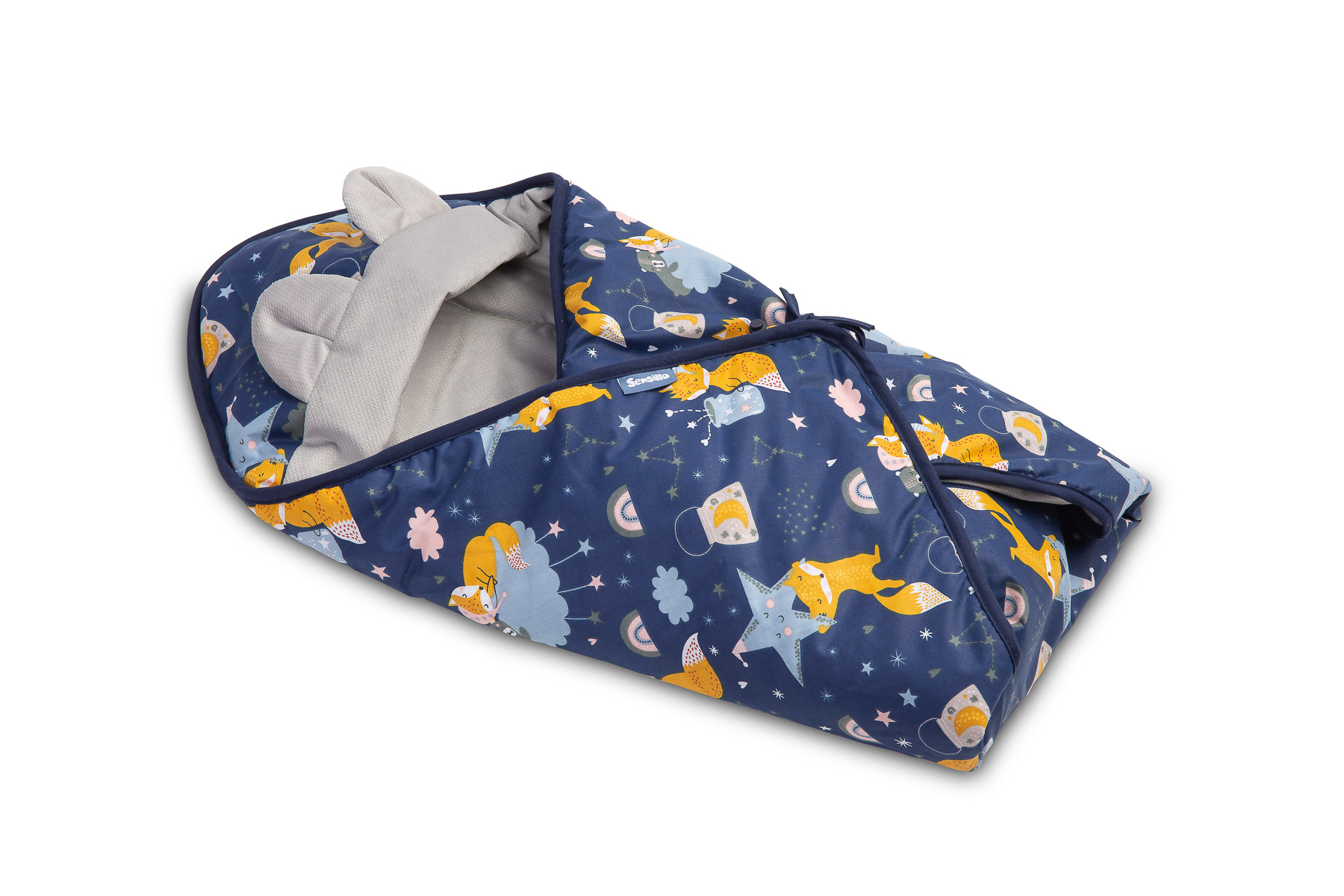 Velvet carry-cot swaddle blanket – navy foxes